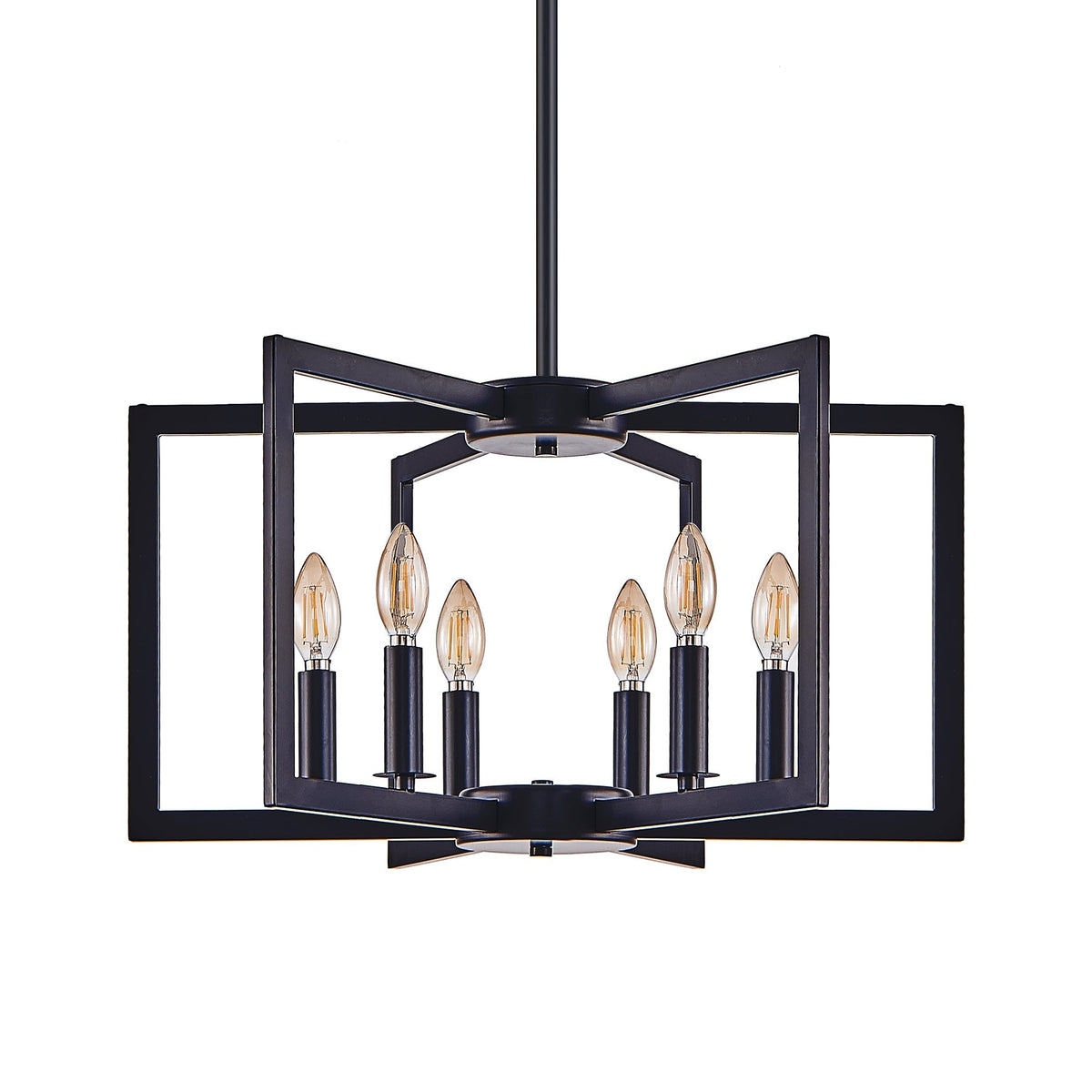 22' Modern Black Geometric 6-Light Chandelier – Industrial Metal Pendant Light Fixture for Living Room, Dining Room, or Kitchen (Bulb Not Included)