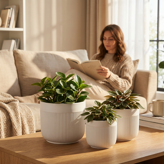 3-Piece White Stoneware Planter Set with Line Texture