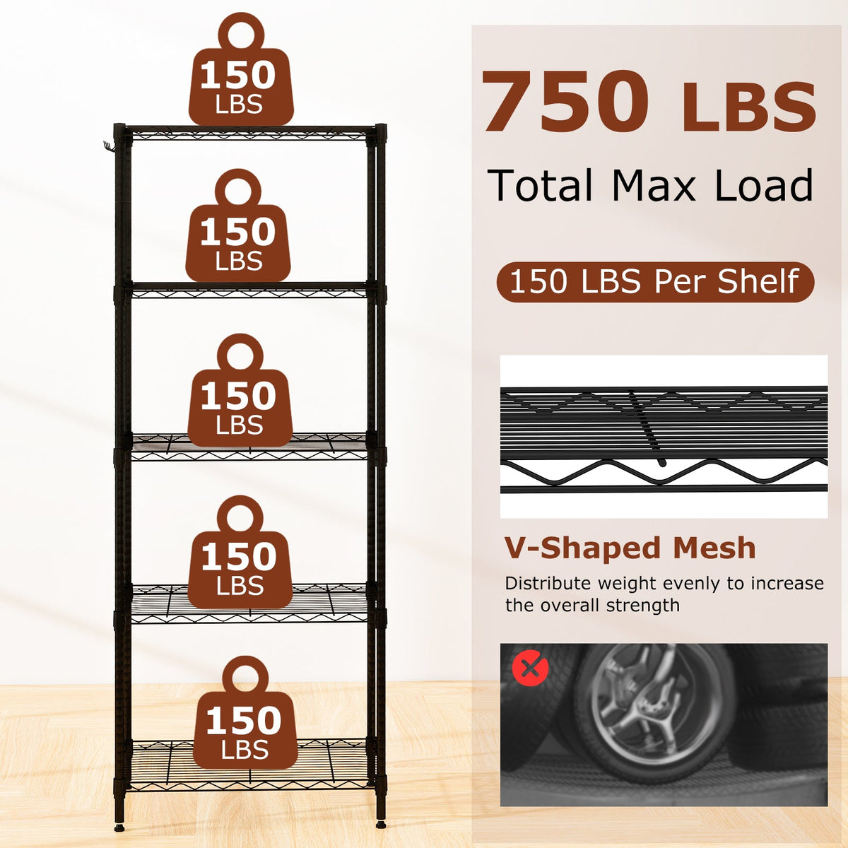 5-Tier Metal Storage Shelving Unit with V-Shaped Rack