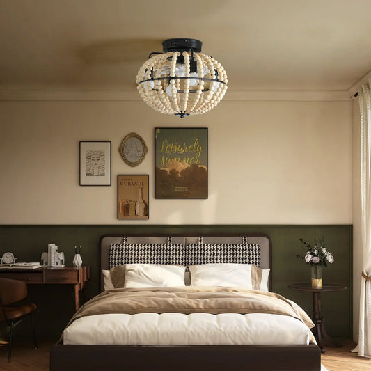 Wood Beaded Fan Chandelier in Oak White Finish