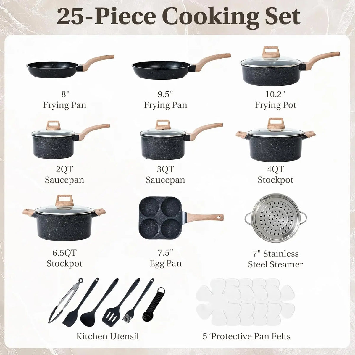 25-Piece Nonstick Cookware Set Induction Compatible Black