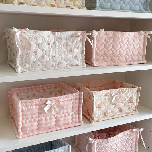Square Quilted Storage Basket with Lace Flower Design