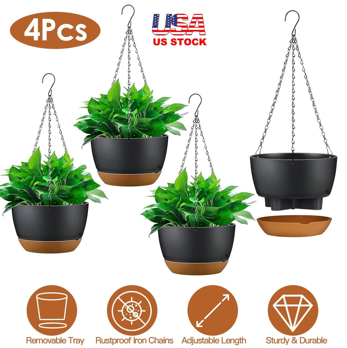 4-Piece Hanging Planters with Drainage and Self-Watering Trays