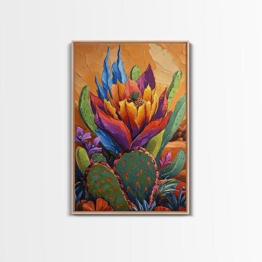 Cactus Blooming, Desert, Vivid, Framed Canvas Print bold southwest art, colorful desert cactus, southwestern home decor, kitchen wall art