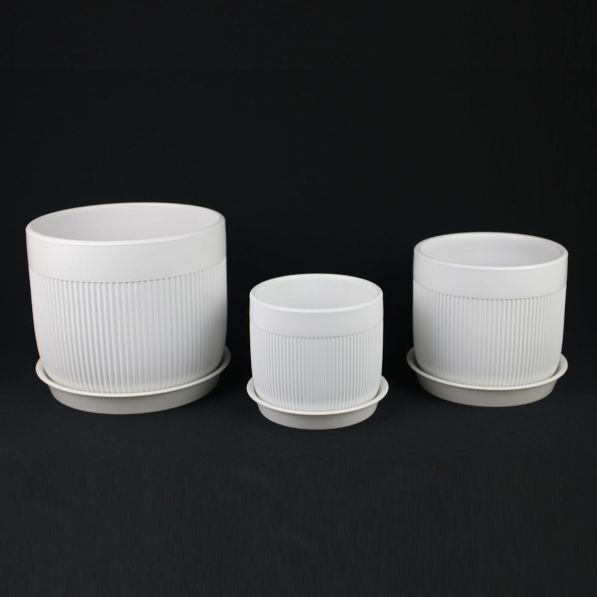 3-Piece White Stoneware Planter Set with Line Texture