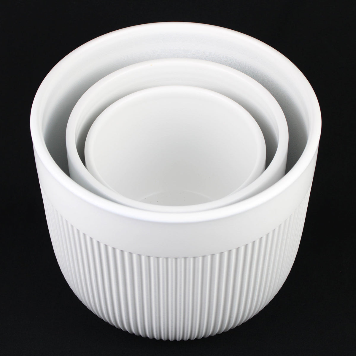 3-Piece White Stoneware Planter Set with Line Texture