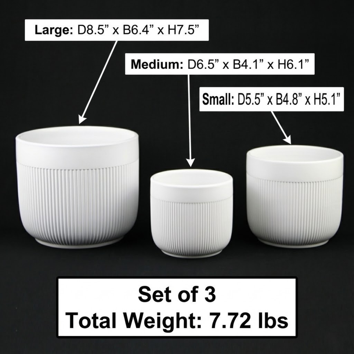 3-Piece White Stoneware Planter Set with Line Texture