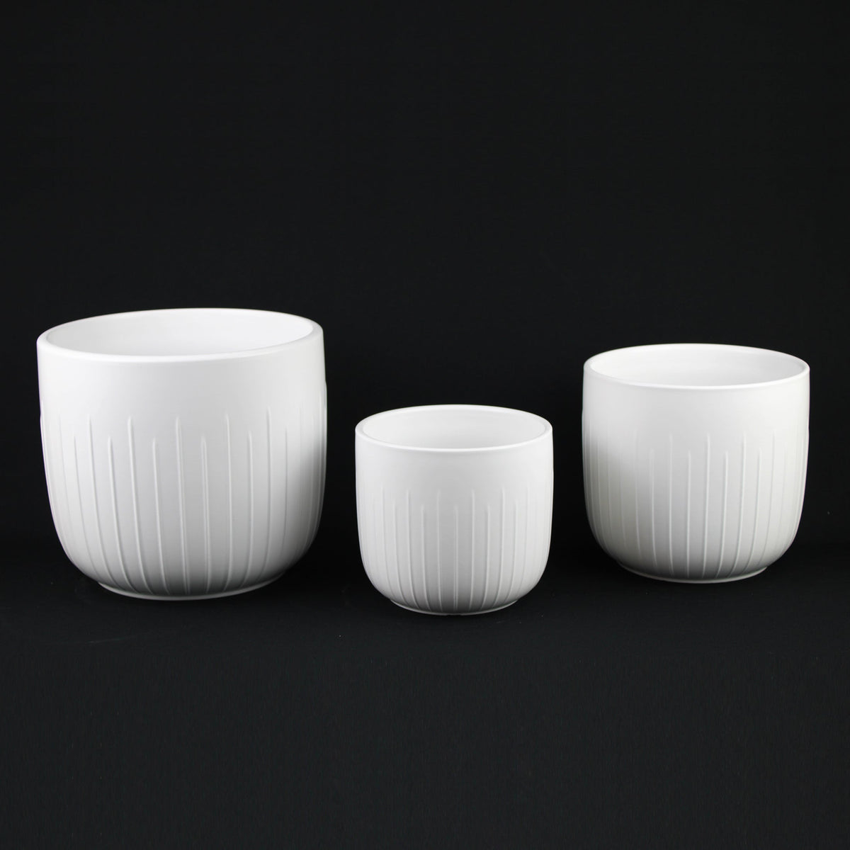 3-Piece White Stoneware Planters with Vertical Groove Texture