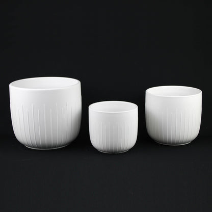 3-Piece White Stoneware Planters with Vertical Groove Texture