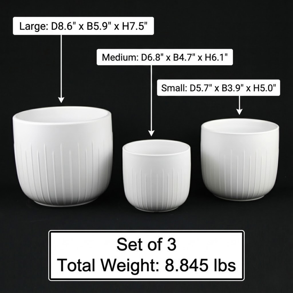 3-Piece White Stoneware Planters with Vertical Groove Texture