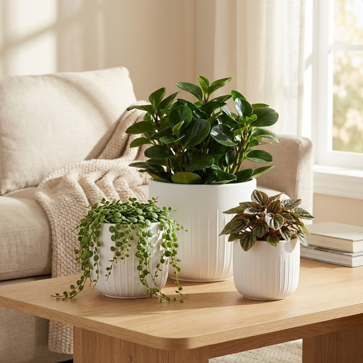 3-Piece White Stoneware Planters with Vertical Groove Texture