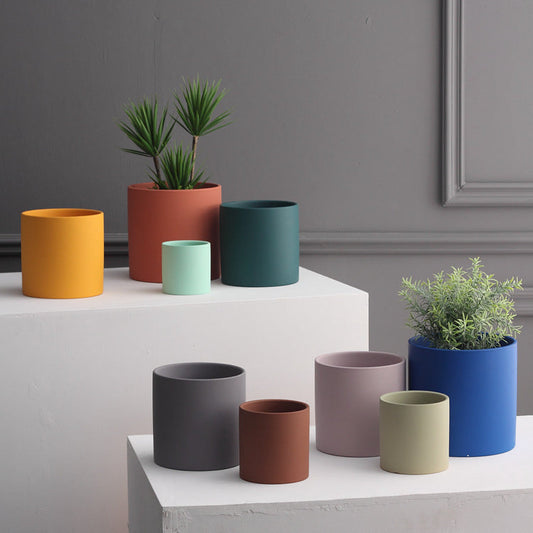 Nordic Colorful Ceramic Cylindrical Planter with Drainage Tray