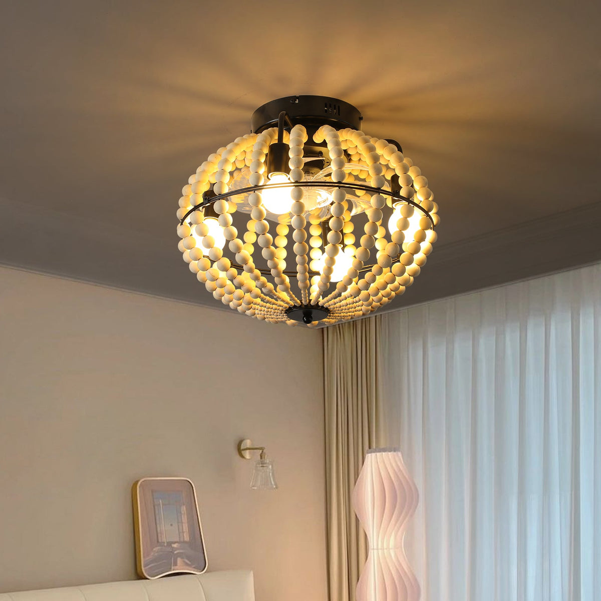 Wood Beaded Fan Chandelier in Oak White Finish