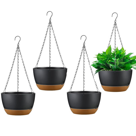 4-Piece Hanging Planters with Drainage and Self-Watering Trays