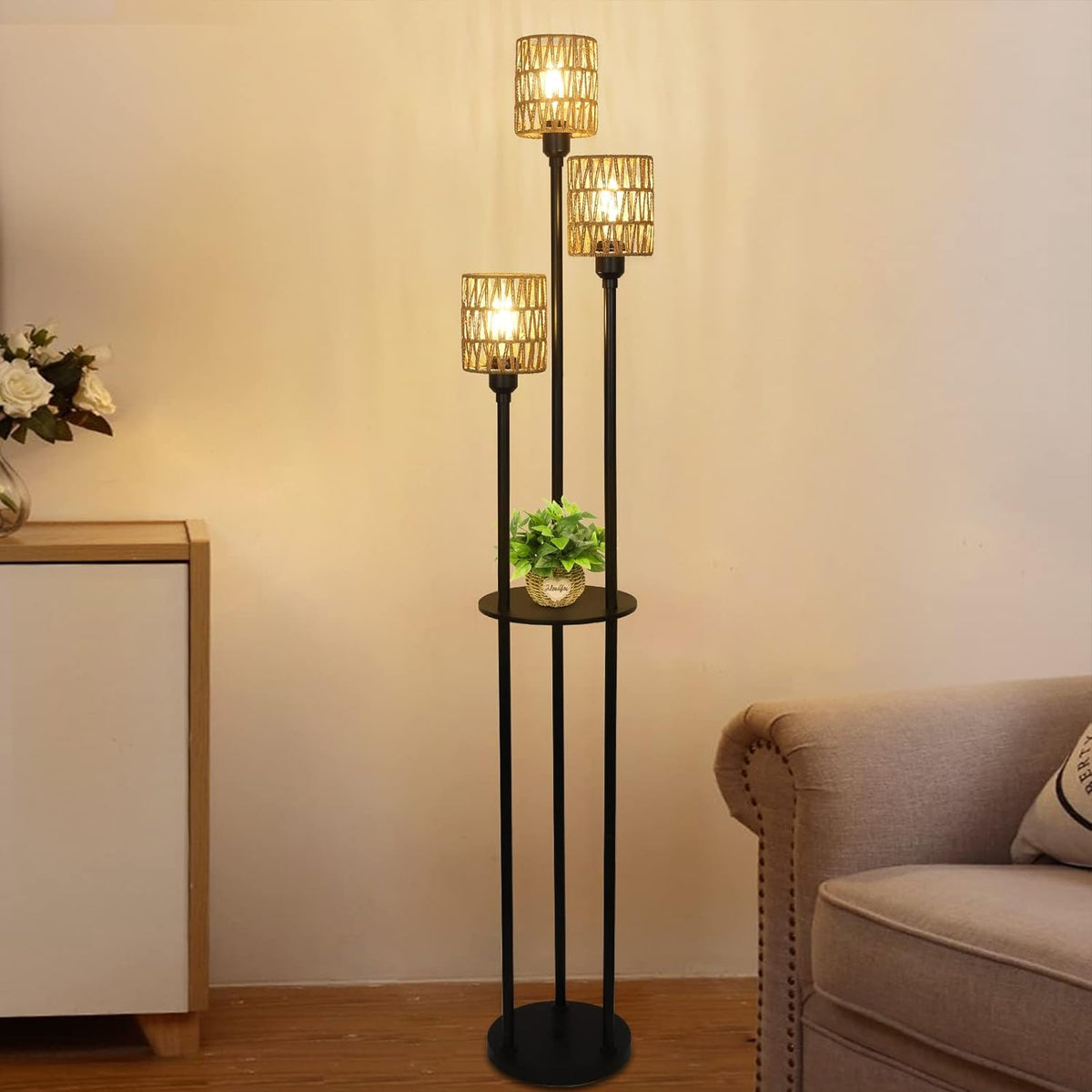 Boho Three Light Floor Lamp with Shelves