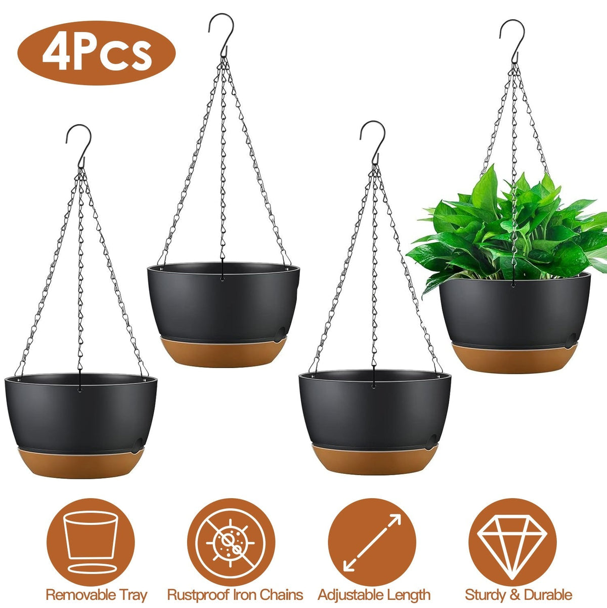 4-Piece Hanging Planters with Drainage and Self-Watering Trays