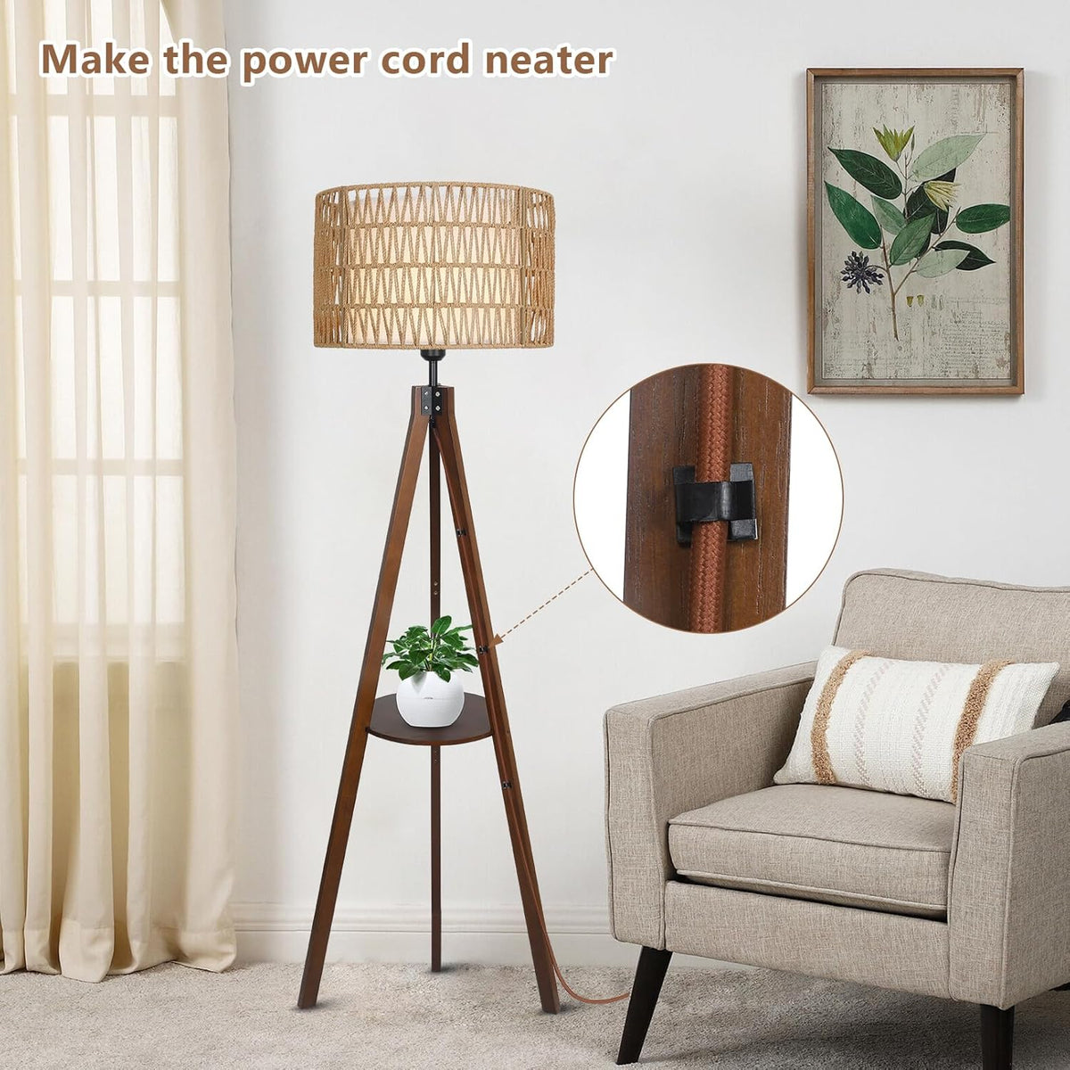 Boho Tripod Floor Lamp with Wood Shelves