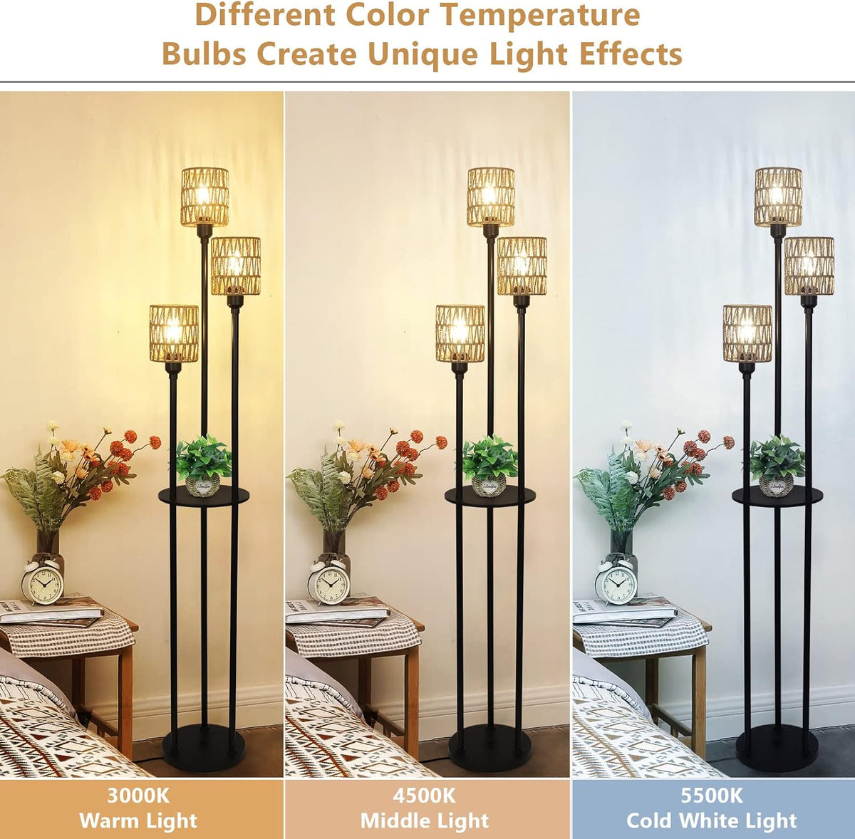 Boho Three Light Floor Lamp with Shelves