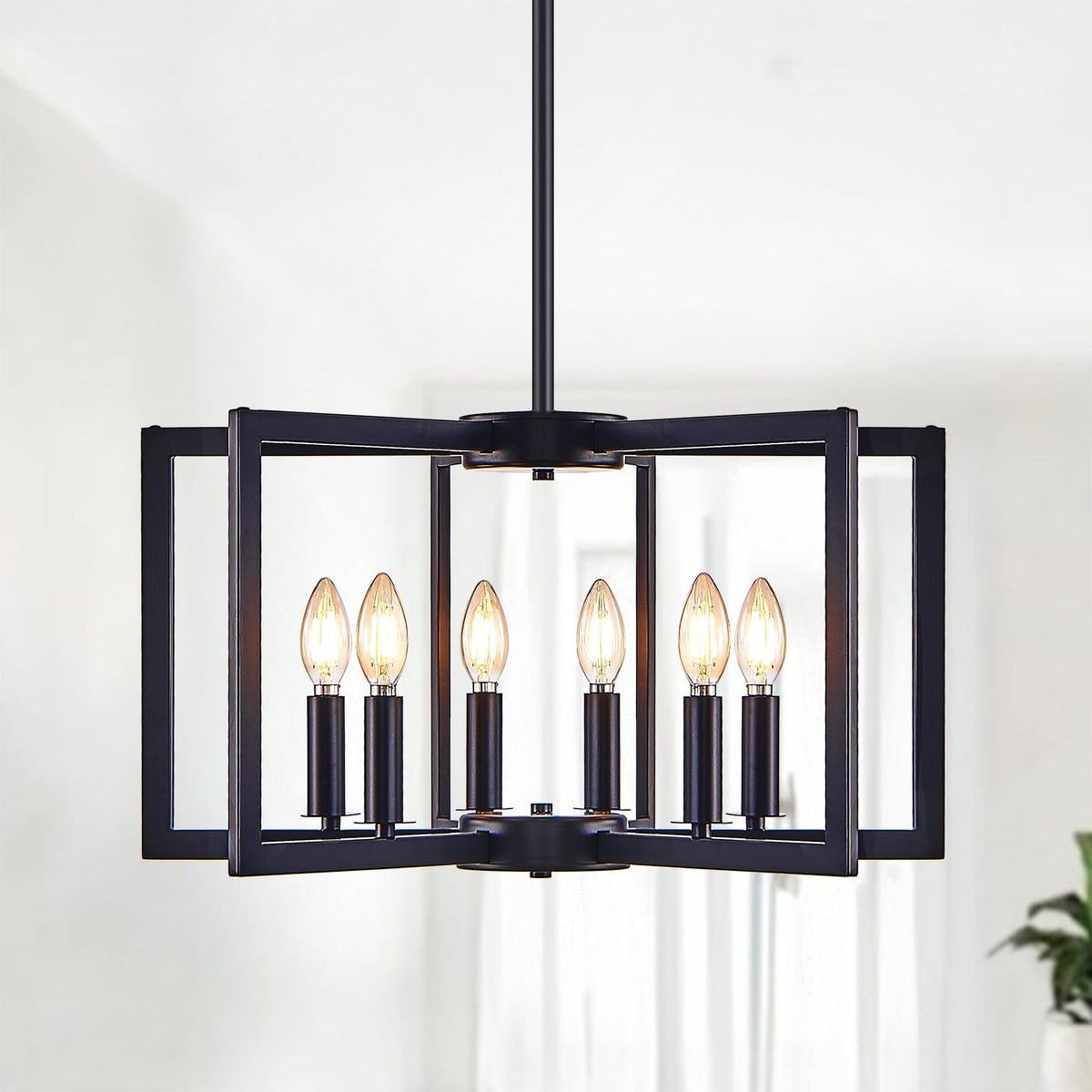 22' Modern Black Geometric 6-Light Chandelier – Industrial Metal Pendant Light Fixture for Living Room, Dining Room, or Kitchen (Bulb Not Included)