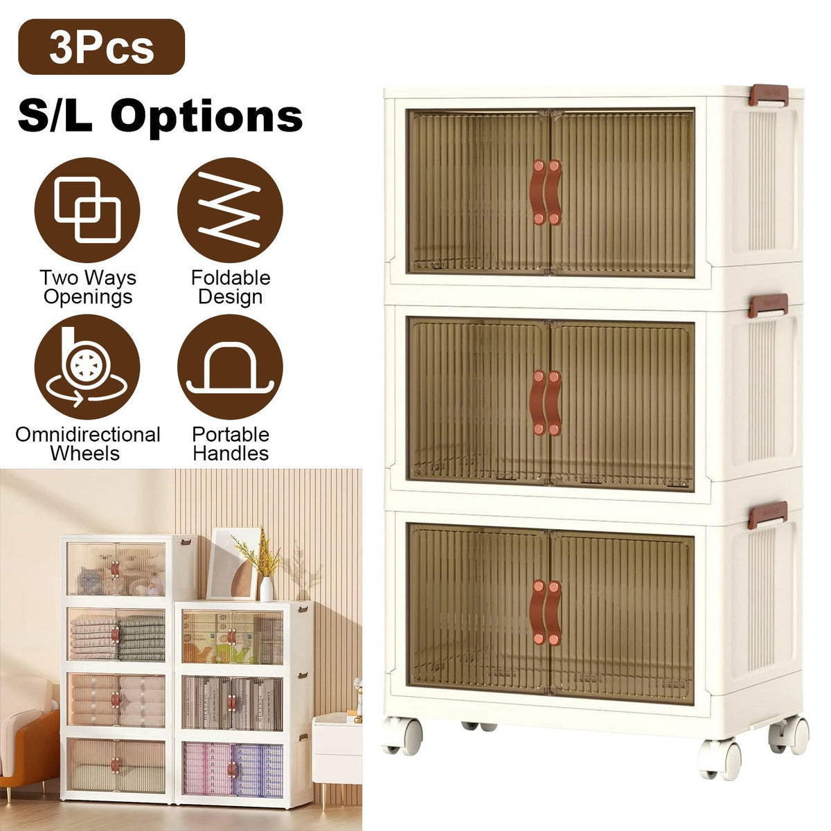3-Piece Foldable Storage Bins with Lids and Wheels