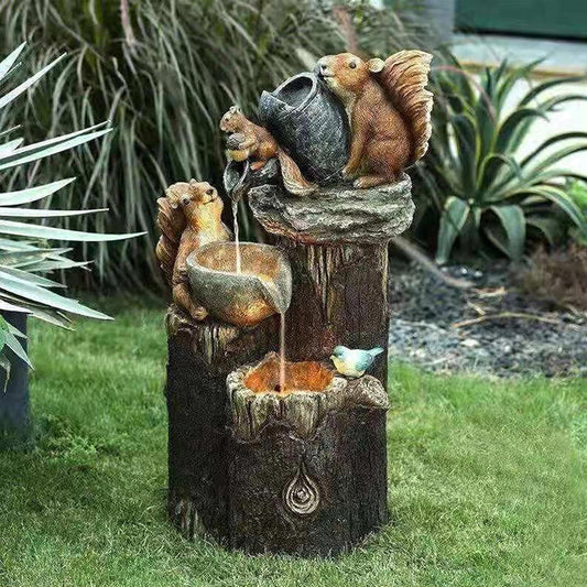 Solar Resin Duck Garden Fountain with LED Squirrel