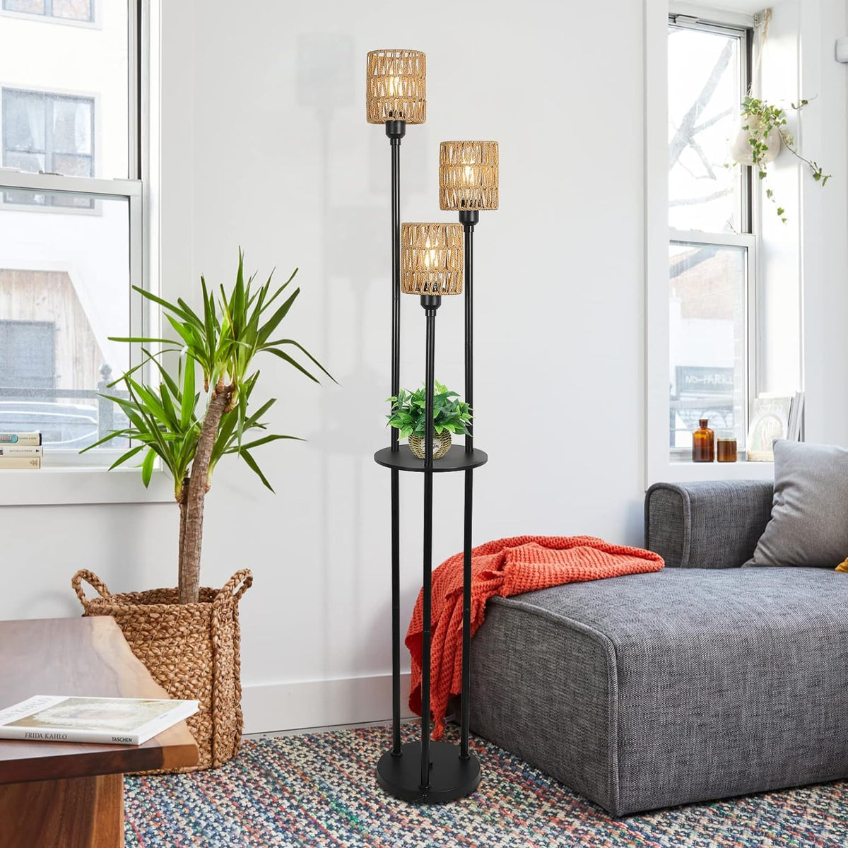 Boho Three Light Floor Lamp with Shelves
