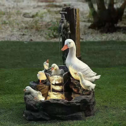 Solar Resin Duck Garden Fountain with LED Squirrel