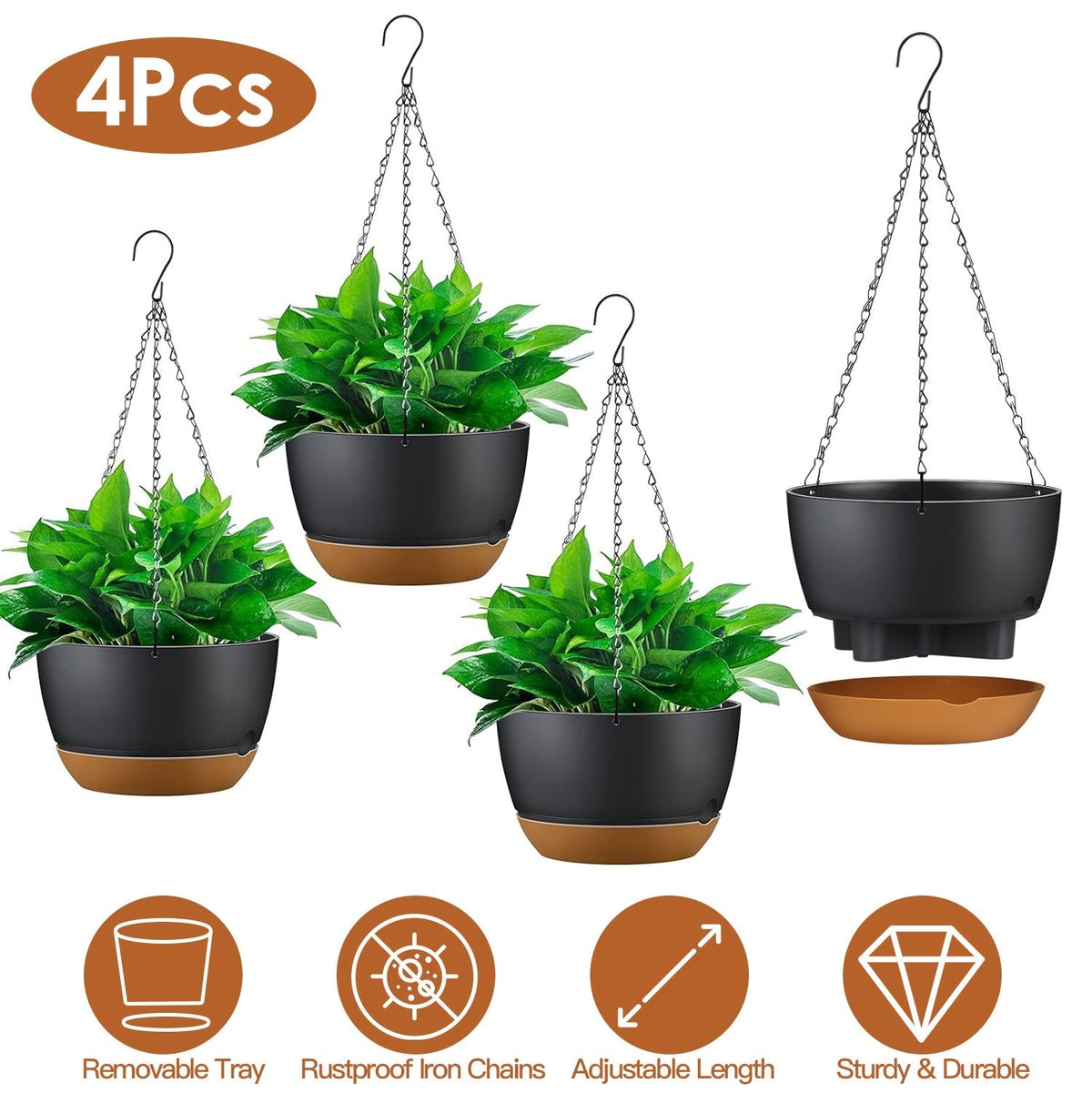 4-Piece Hanging Planters with Drainage and Self-Watering Trays