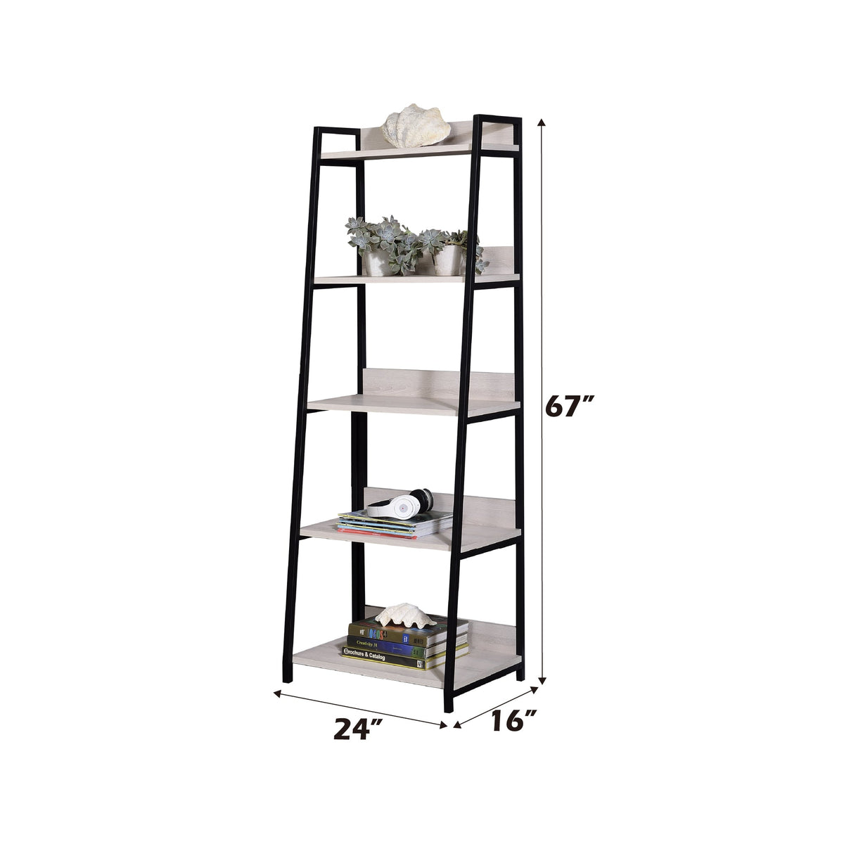 Natural & Black Ladder Bookshelf with 5 Fixed Shelves - 24" Wide