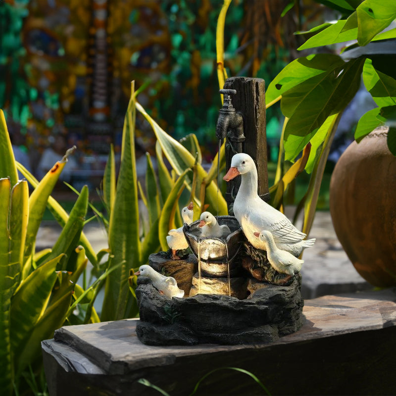 Solar Resin Duck Garden Fountain with LED Squirrel