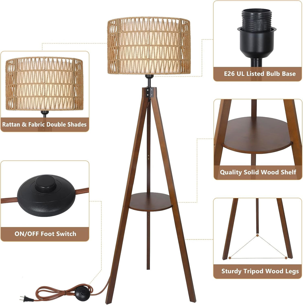 Boho Tripod Floor Lamp with Wood Shelves