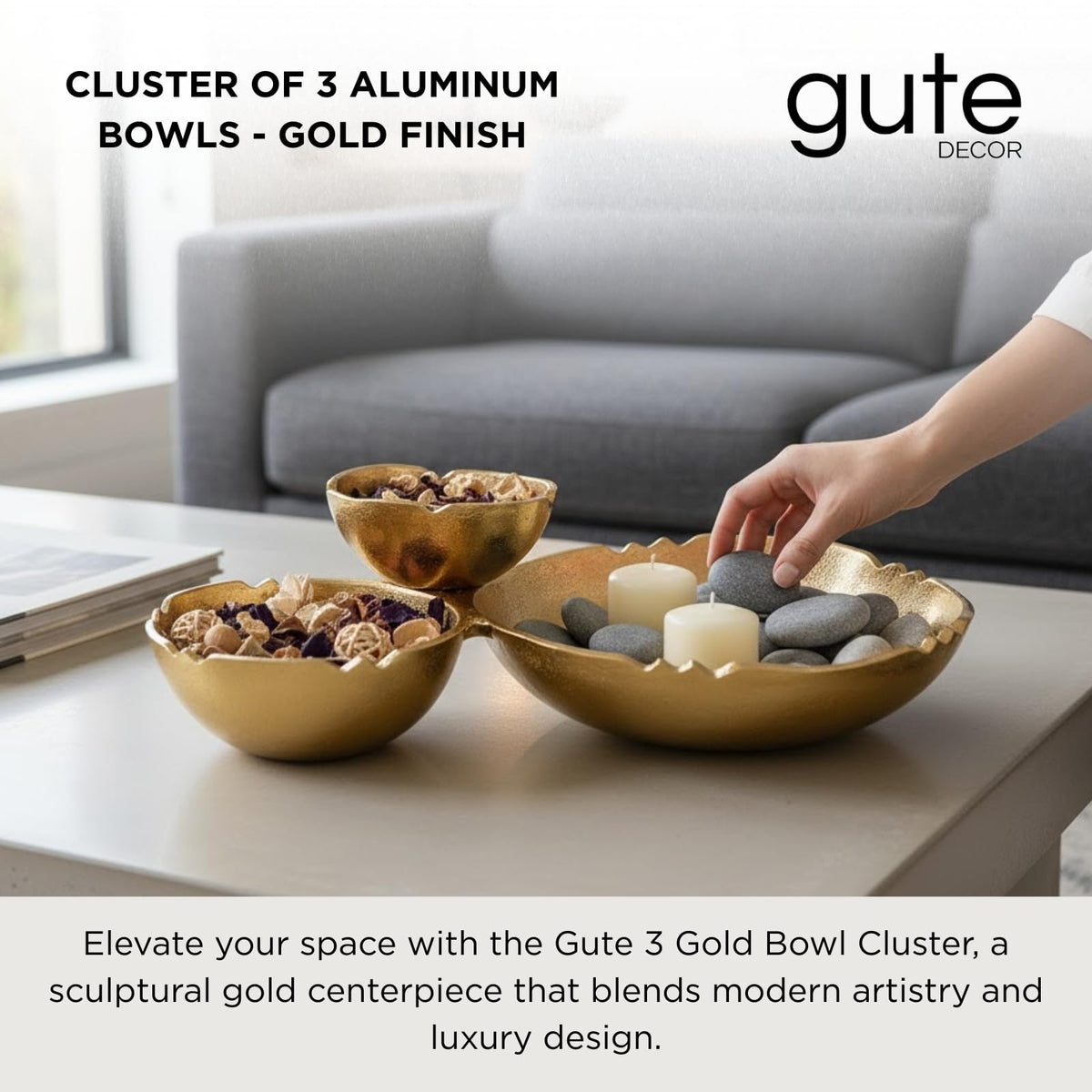 Three Cluster Gold Brass Decorative Snack Bowl Tray