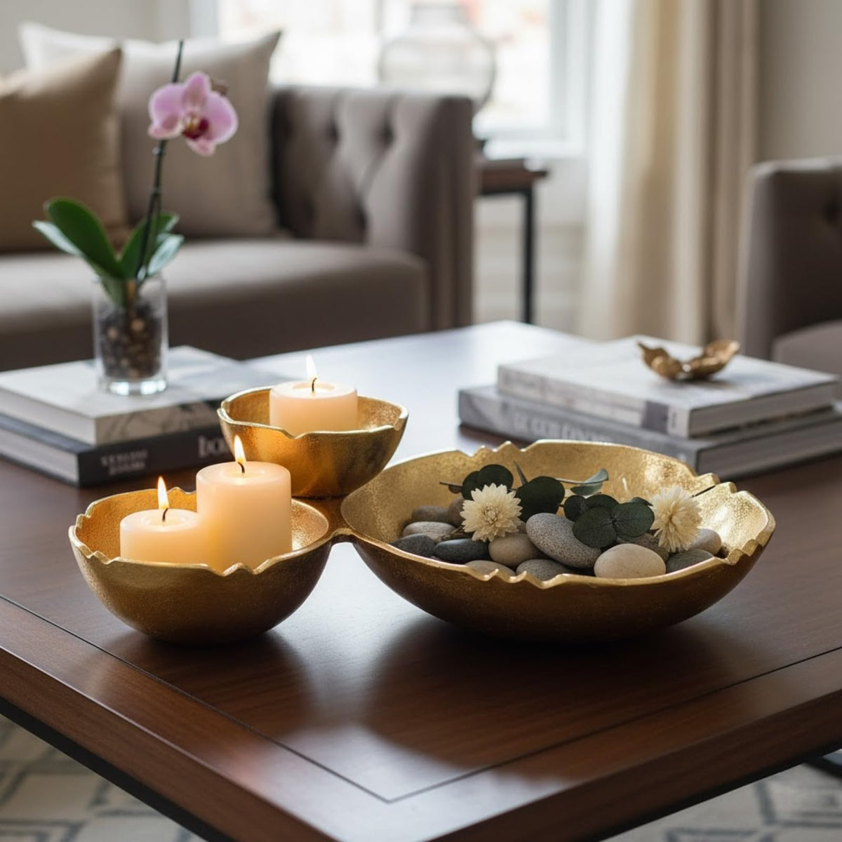 Three Cluster Gold Brass Decorative Snack Bowl Tray