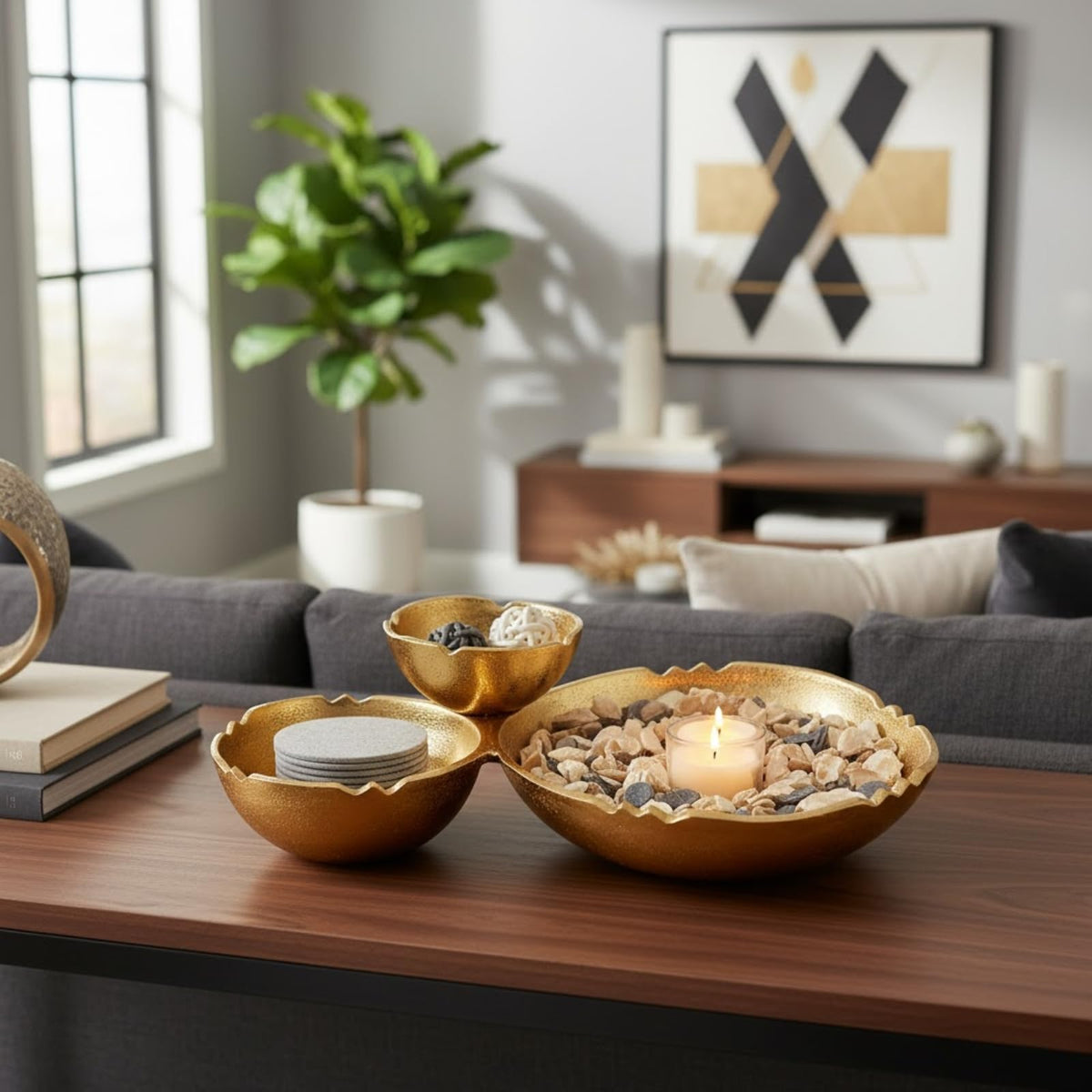 Three Cluster Gold Brass Decorative Snack Bowl Tray