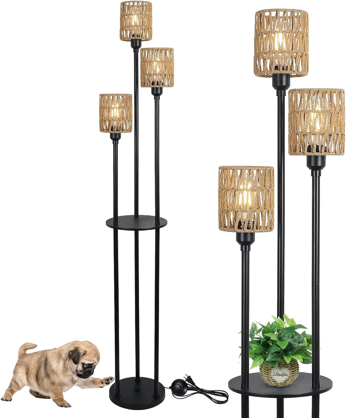 Boho Three Light Floor Lamp with Shelves