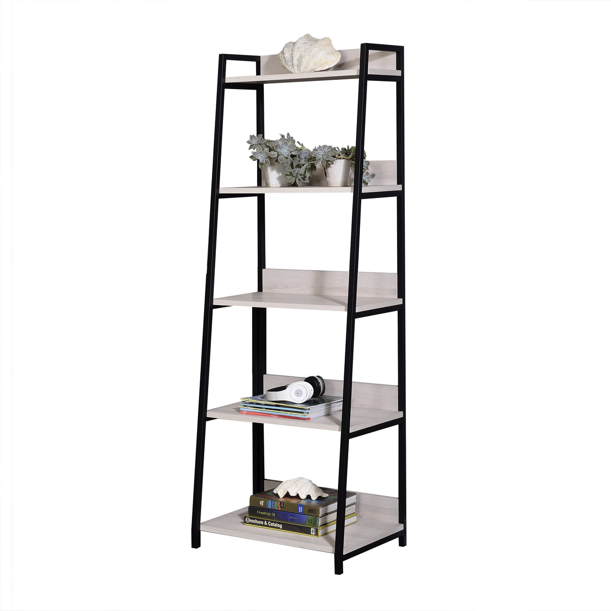 Natural & Black Ladder Bookshelf with 5 Fixed Shelves - 24" Wide