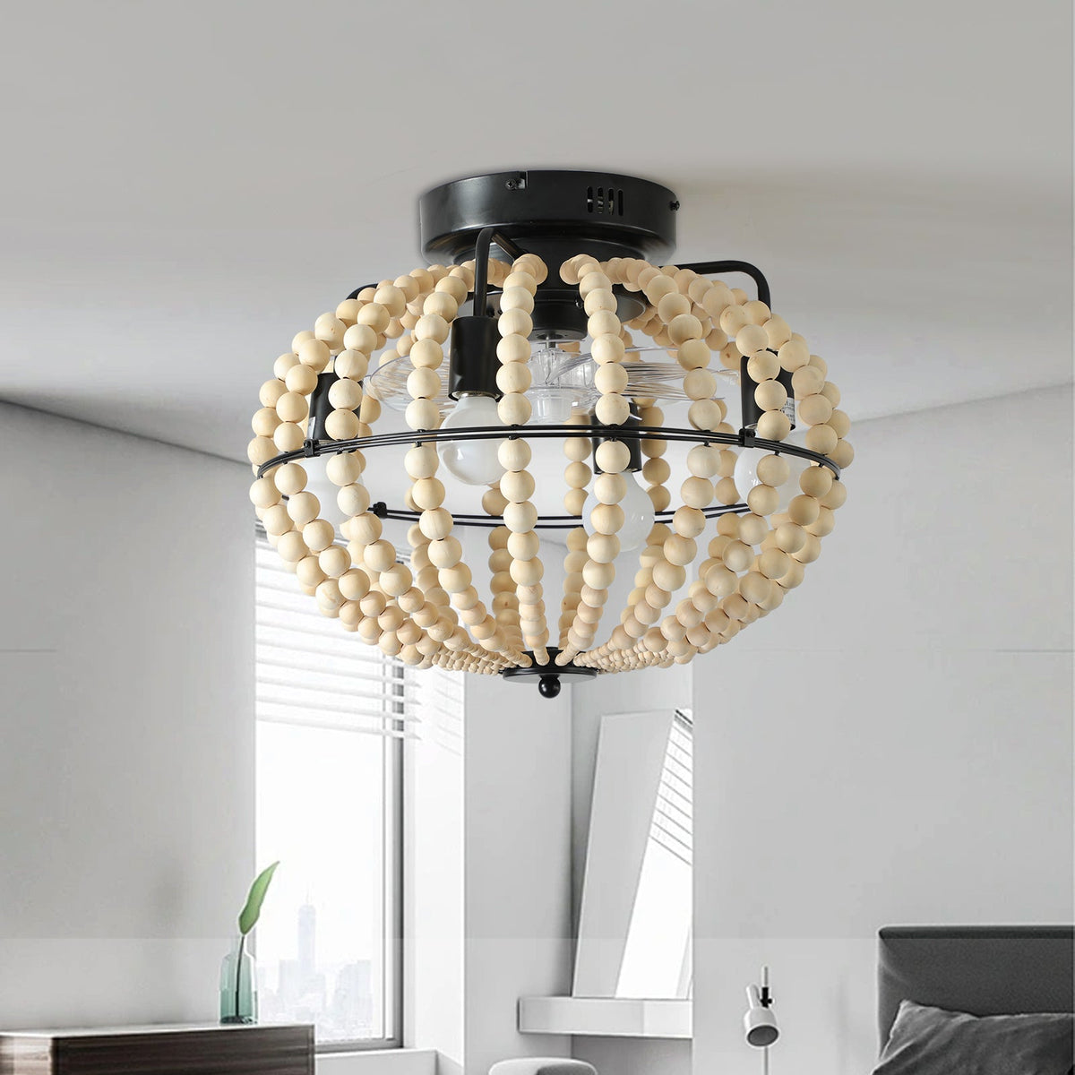 Wood Beaded Fan Chandelier in Oak White Finish