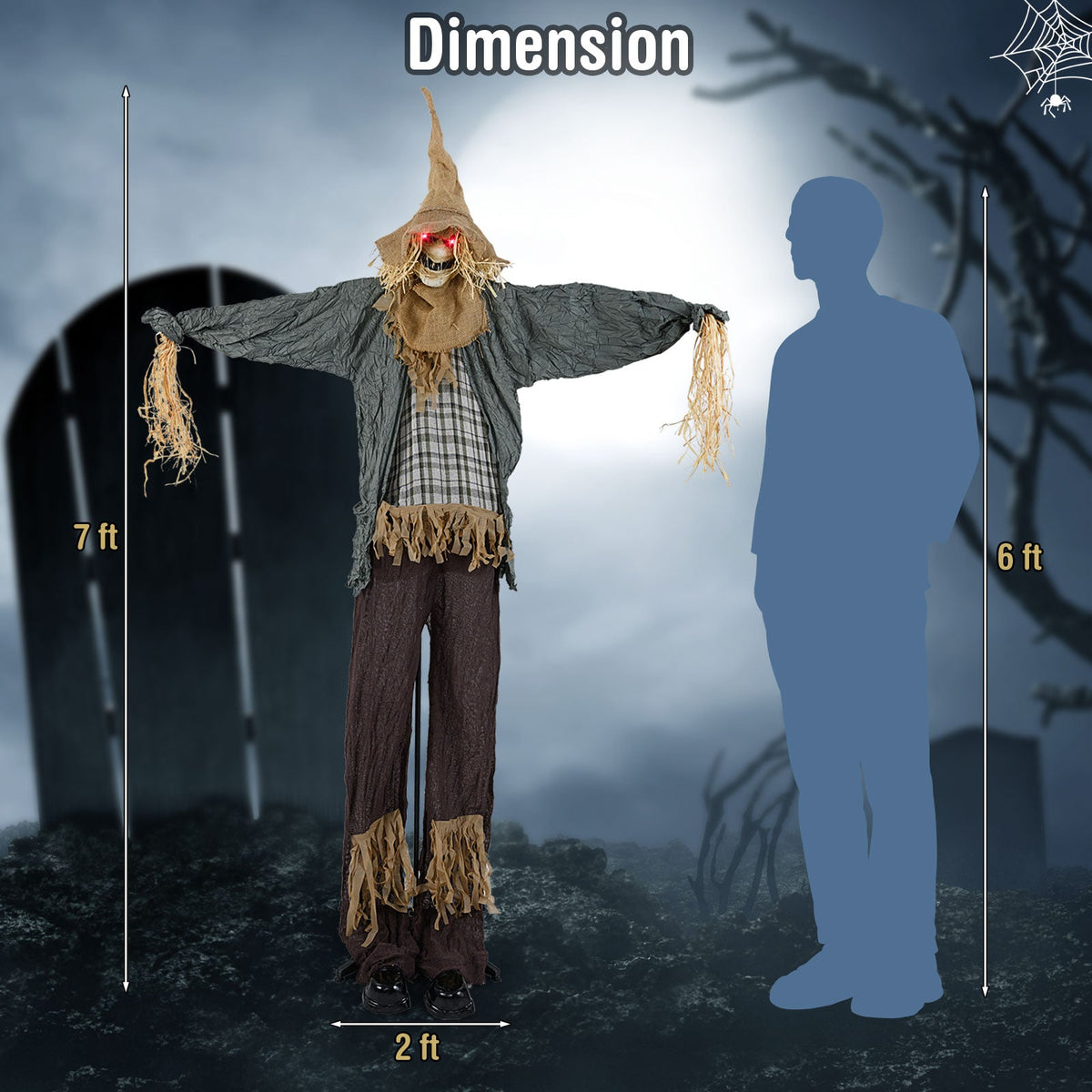 7 FT Halloween Decoration Animated Standing Scary Scarecrow with Light-up Eyes for Hunted Houses