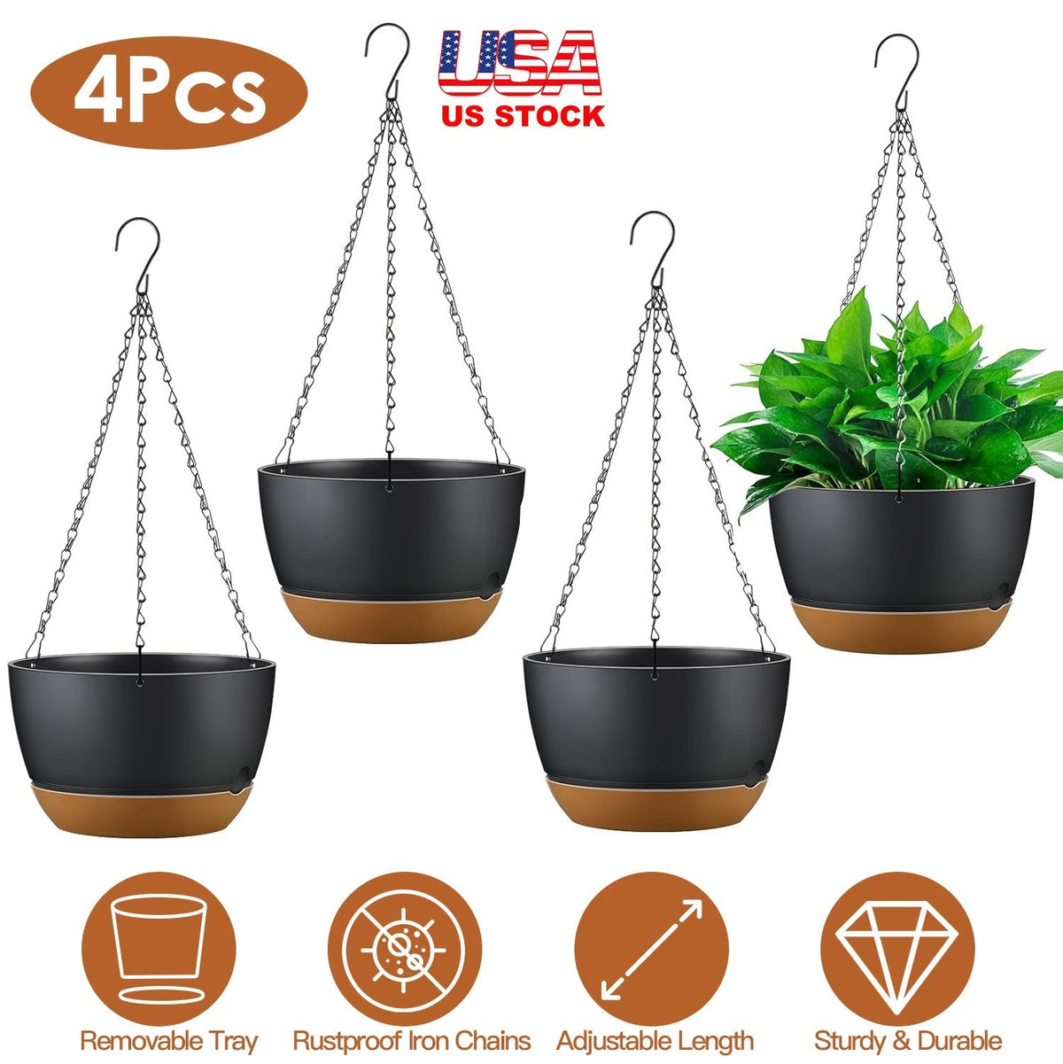 4-Piece Hanging Planters with Drainage and Self-Watering Trays