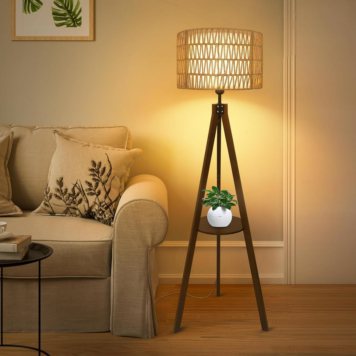 Boho Tripod Floor Lamp with Wood Shelves