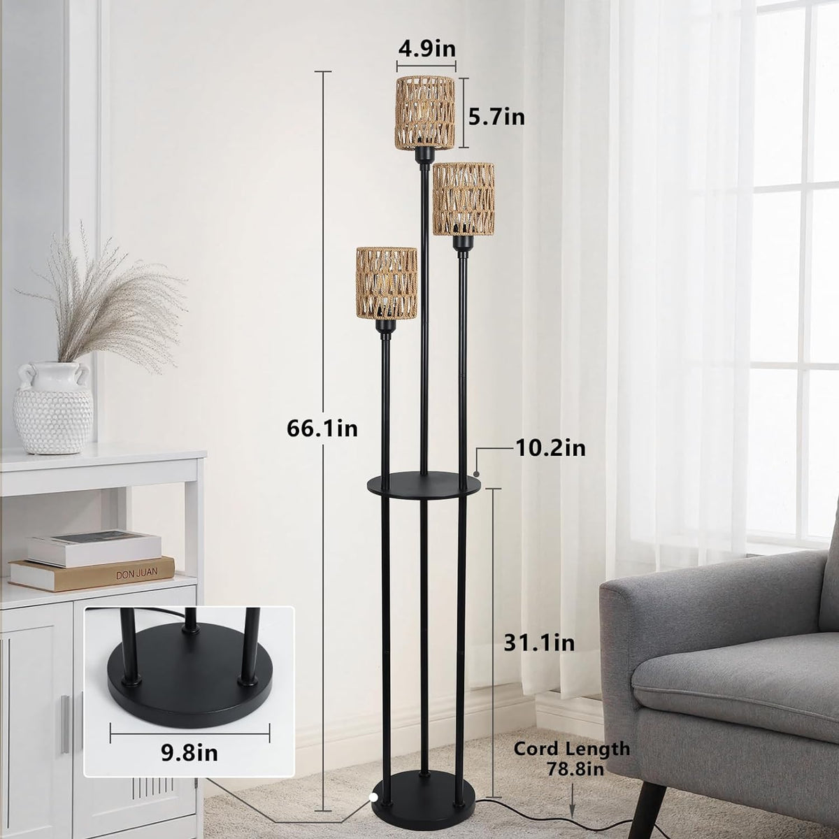 Boho Three Light Floor Lamp with Shelves