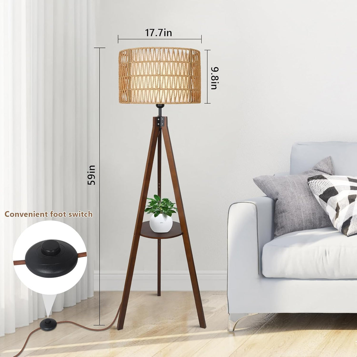 Boho Tripod Floor Lamp with Wood Shelves