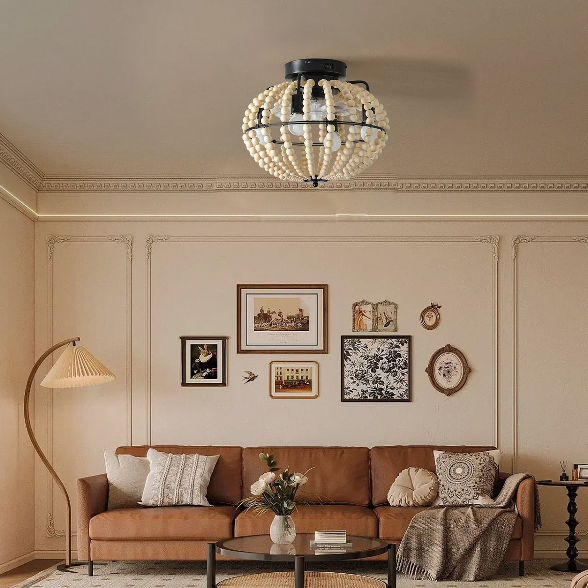 Wood Beaded Fan Chandelier in Oak White Finish