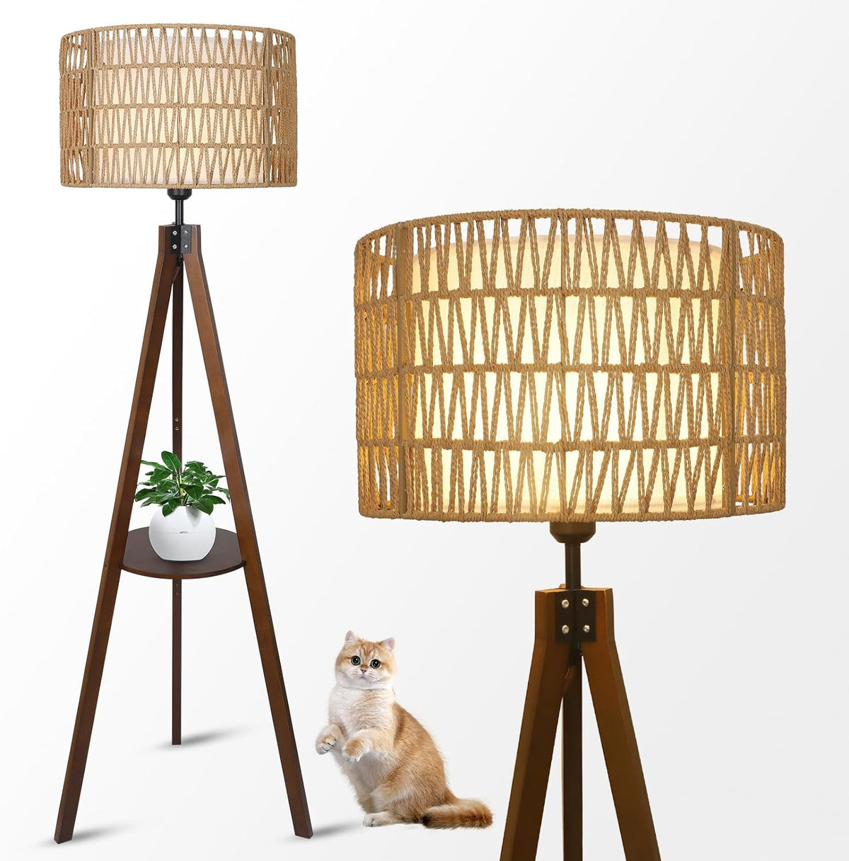 Boho Tripod Floor Lamp with Wood Shelves