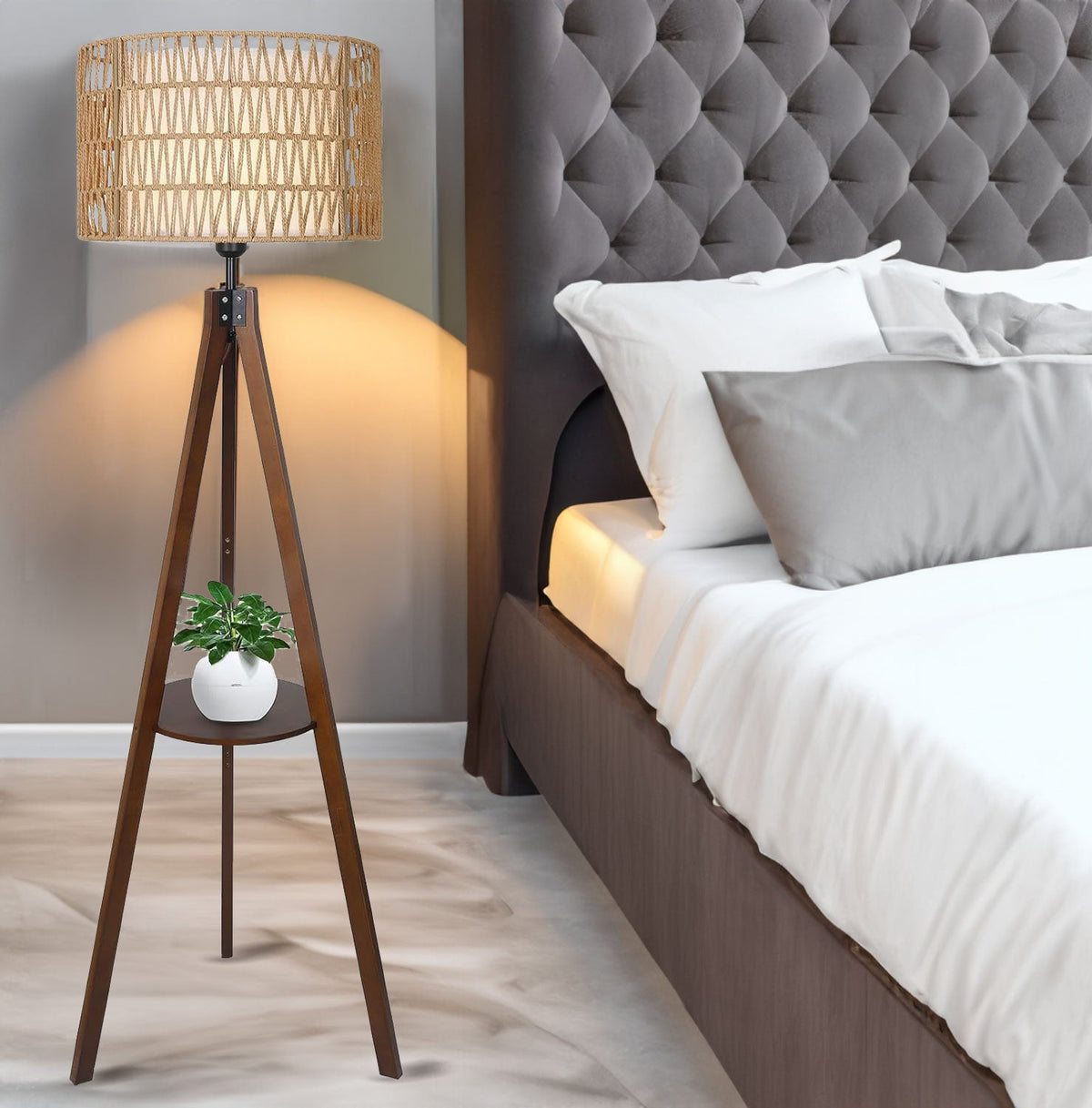 Boho Tripod Floor Lamp with Wood Shelves