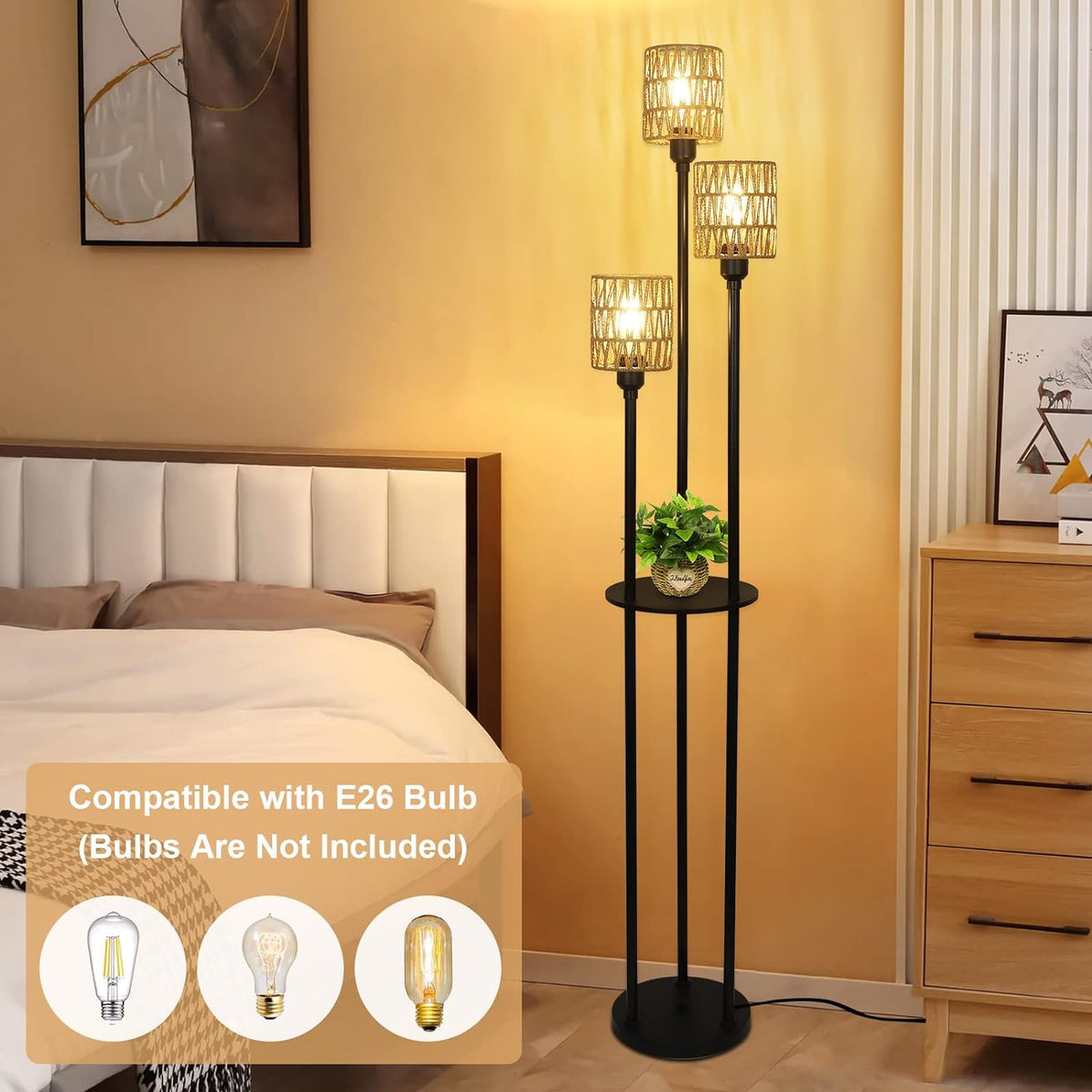 Boho Three Light Floor Lamp with Shelves