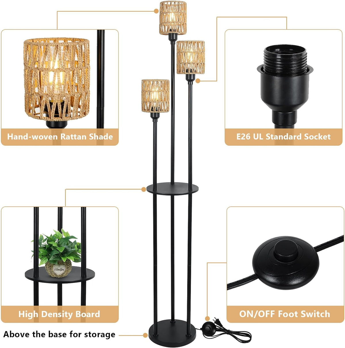 Boho Three Light Floor Lamp with Shelves