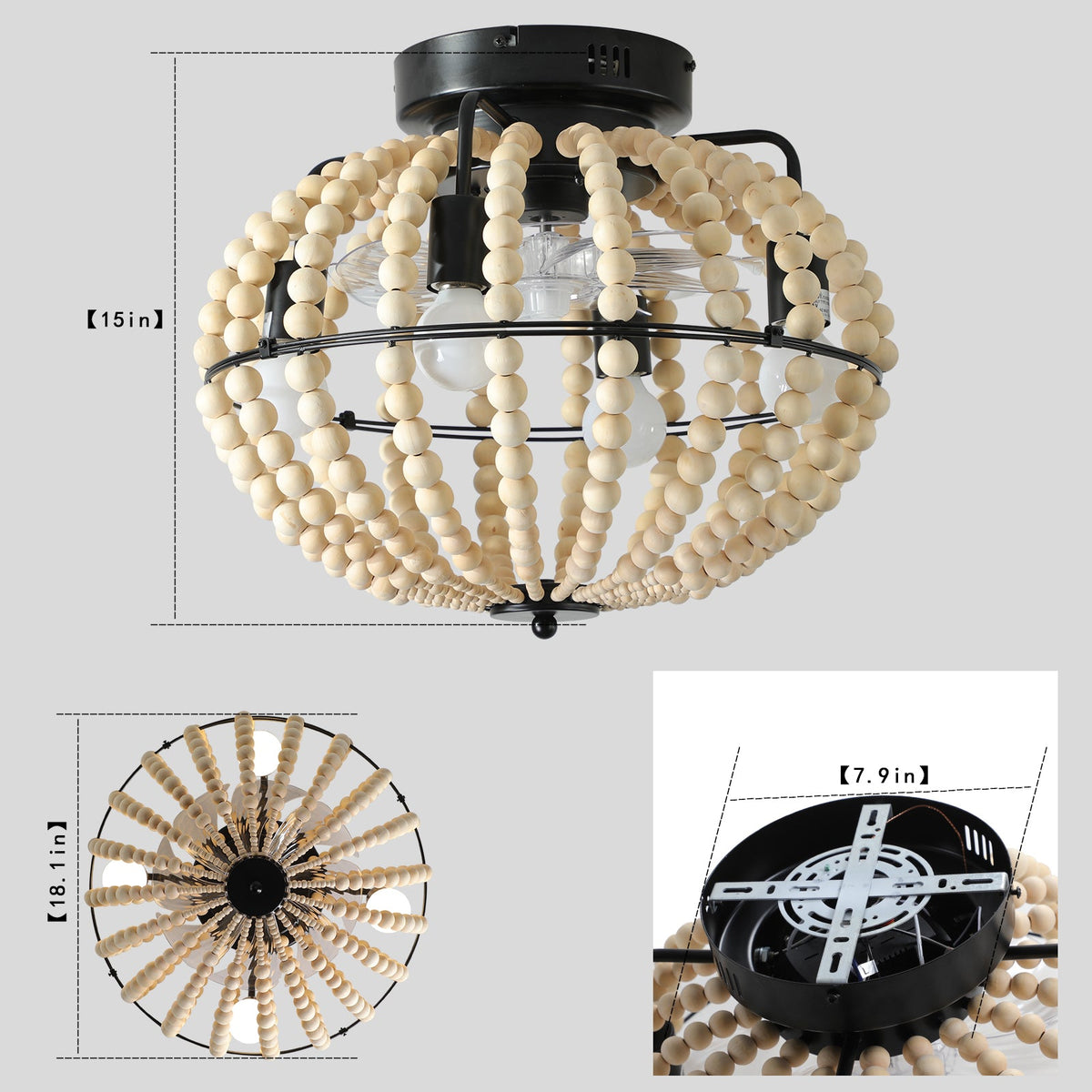 Wood Beaded Fan Chandelier in Oak White Finish