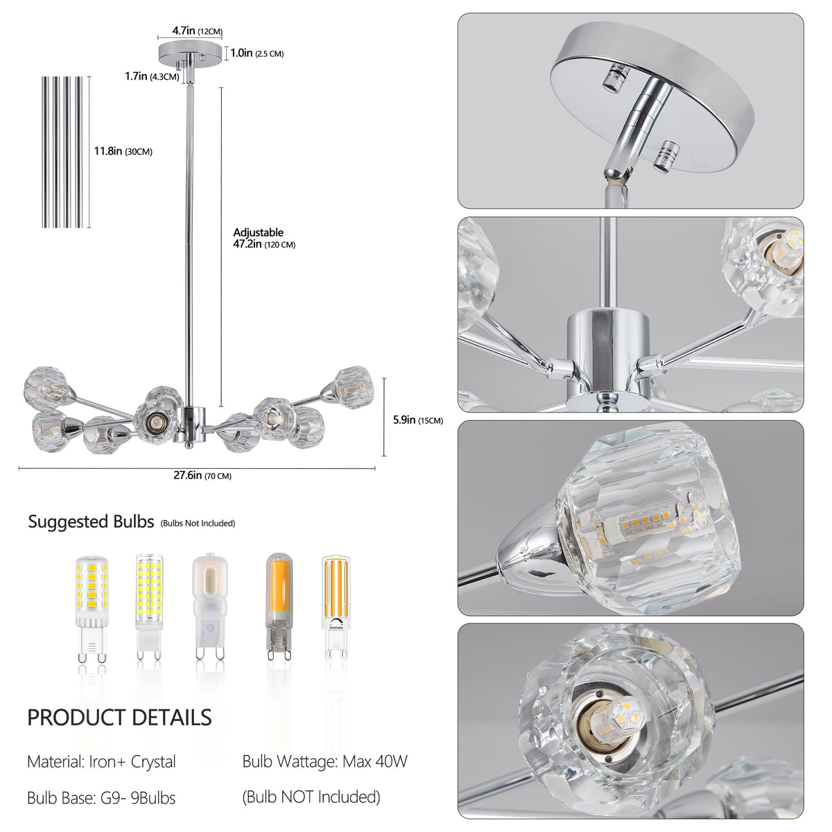 Modern 9-Light Chrome Crystal Chandelier for Home