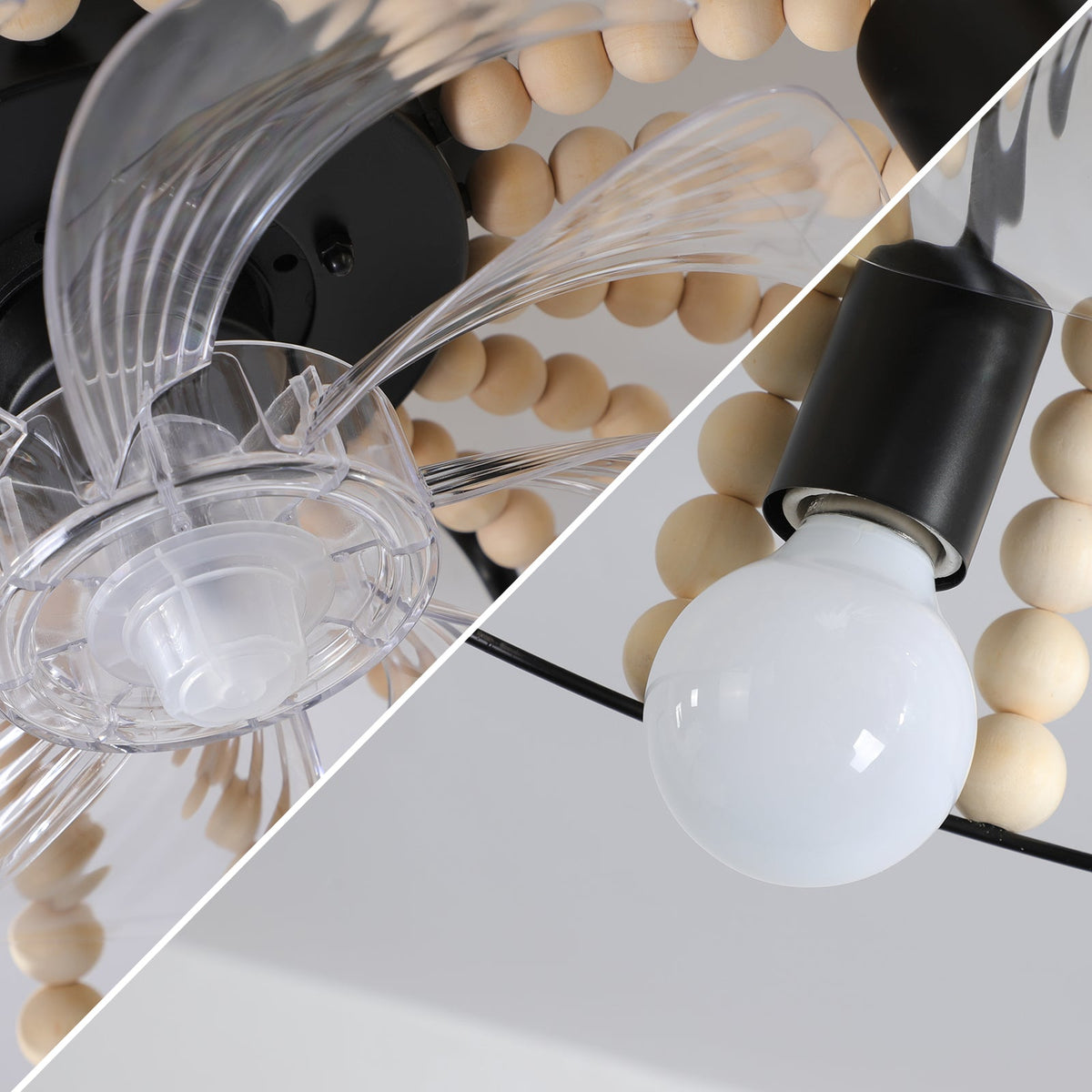 Wood Beaded Fan Chandelier in Oak White Finish